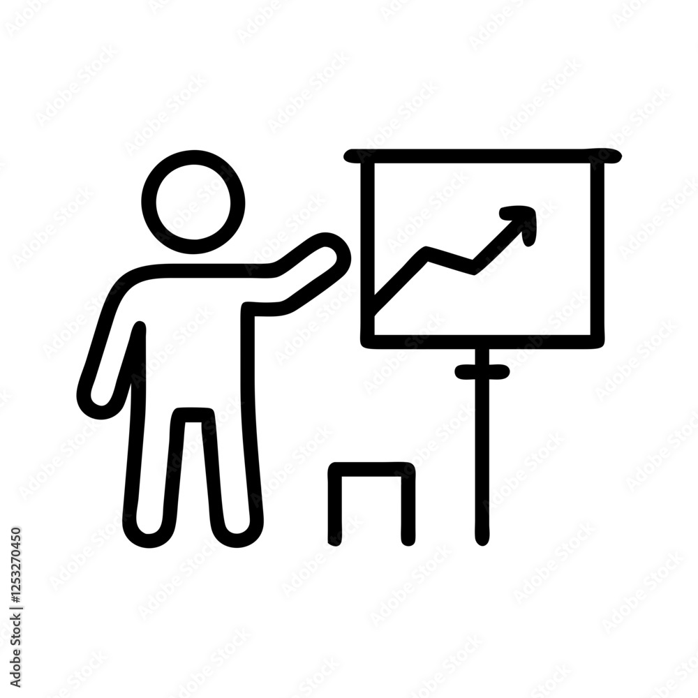 A simple line drawing depicts a person pointing to a graph on a monitor showing an upward trend. A simple line drawing depicts a person pointing to a graph on a monitor showing an upward trend.
