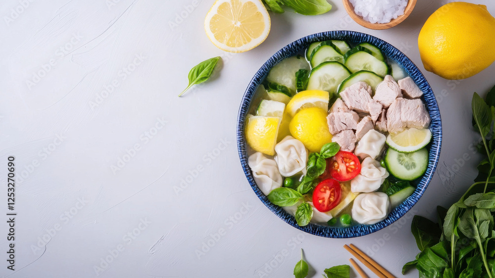 vibrant bowl of hearty wonton soup with fresh vegetables, lemon, and herbs vibrant bowl of hearty wonton soup with fresh vegetables, lemon, and herbs