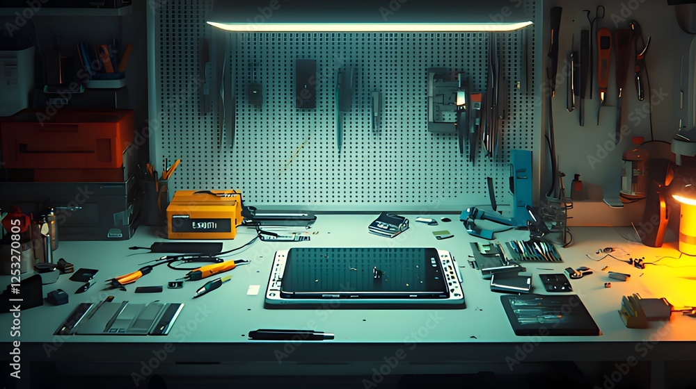 Tech repair workbench, tools, parts, night Tech repair workbench, tools, parts, night