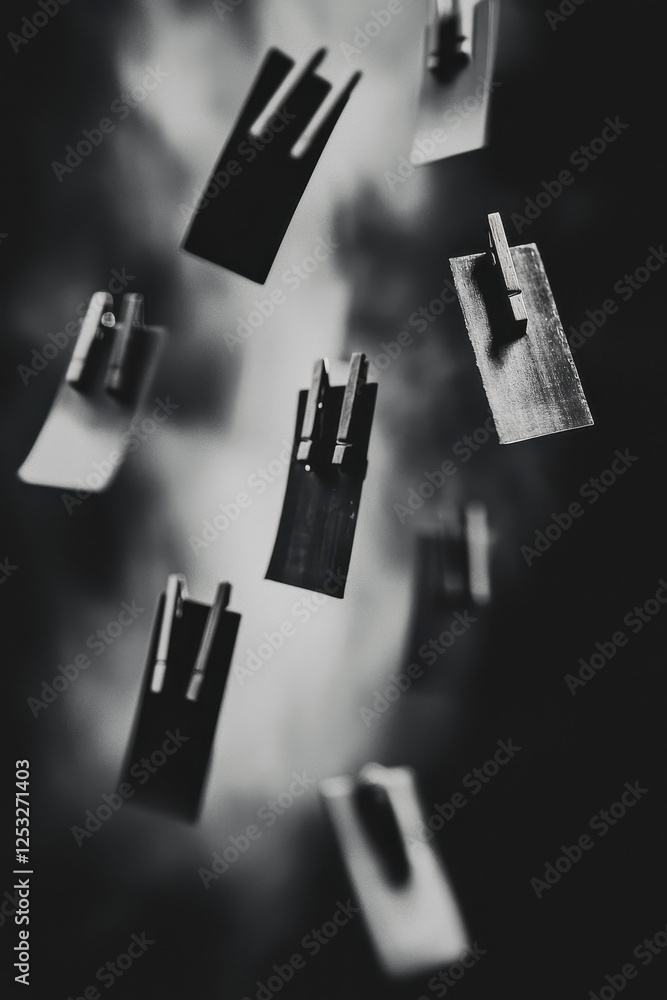 Naklejka premium Exploring Abstract Art: Dynamic Composition of Floating Graphic Elements in Monochrome Atmosphere