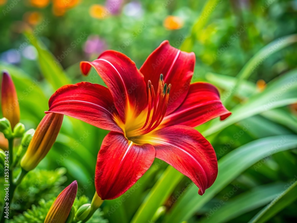 Vibrant Red Lily Blooming in Summer Garden - Candid Stock Photo Vibrant Red Lily Blooming in Summer Garden - Candid Stock Photo