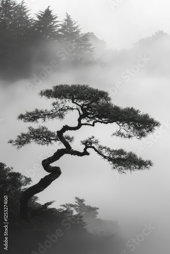 Misty Morning Silhouette of a Pine Tree, Peaceful Landscape photo