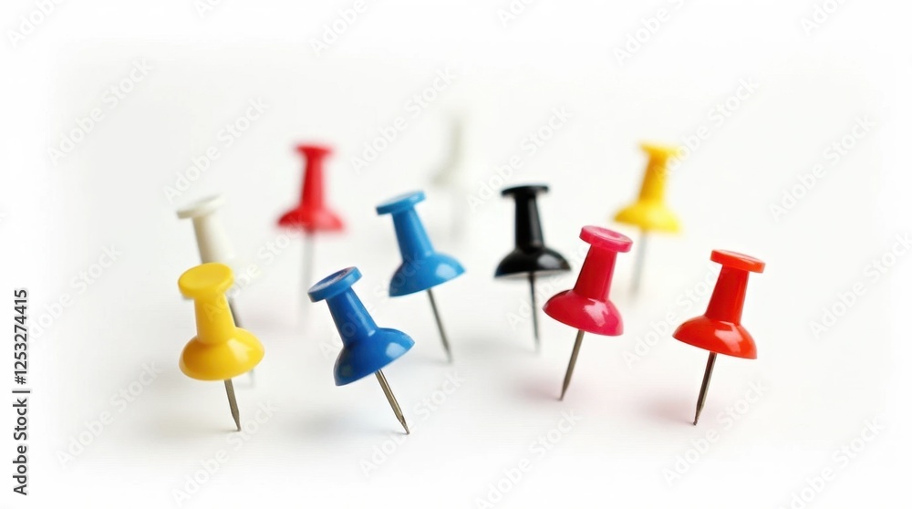 Colorful Push Pins Isolated on White Background