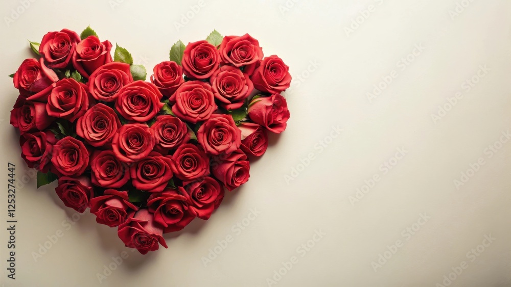 Romantic Red Roses Arranged in a Heart Shape on a Light Background Romantic Red Roses Arranged in a Heart Shape on a Light Background