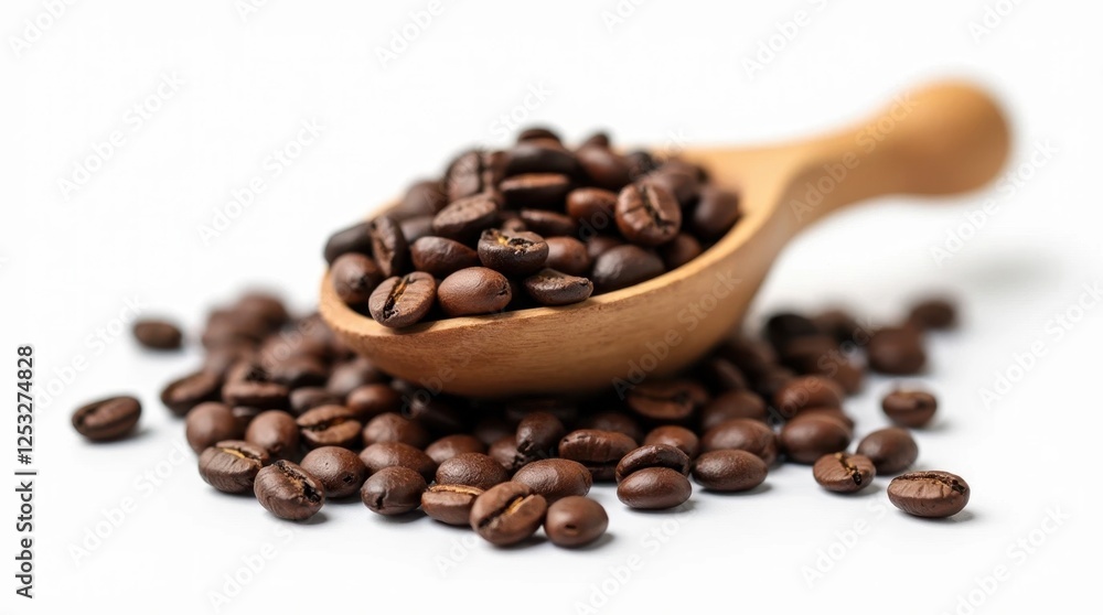 Rustic Wooden Scoop Overflowing with Coffee Beans on White Background Rustic Wooden Scoop Overflowing with Coffee Beans on White Background