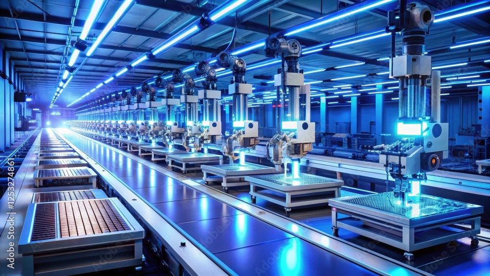 Fototapeta premium Automated Production Line with Robotic Arms Under Blue Lighting in a Modern Factory