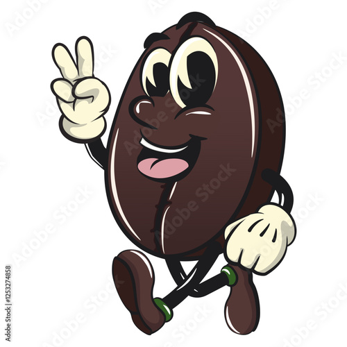 cute coffee beans vektor illustration mascot character walking with a peace sign, work of hand drawn