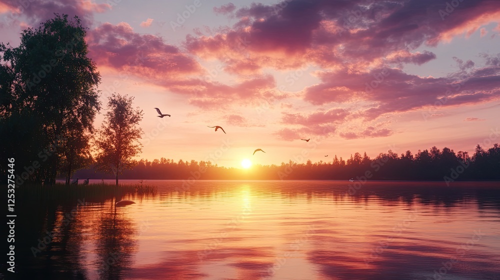 Fototapeta premium A beautiful sunset over a calm lake, with silhouettes of trees and birds flying across the colorful sky