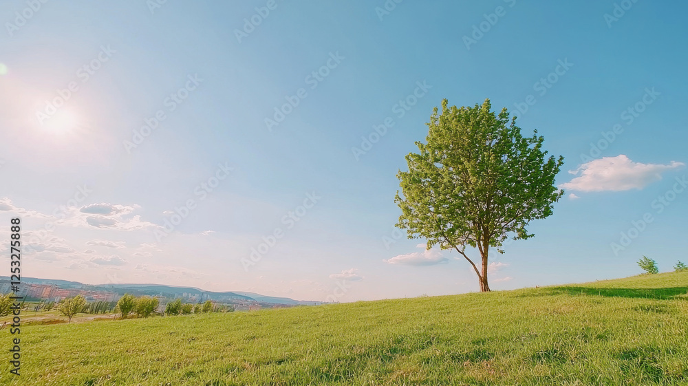 Fototapeta premium serene landscape featuring solitary tree on grassy hill under clear blue sky. warm sunlight creates peaceful atmosphere