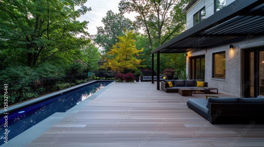 Fototapeta premium Modern Patio With Pool And Wooden Deck At Dusk