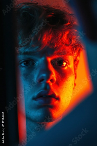 Close-up portrait of a young person lit with vibrant colors