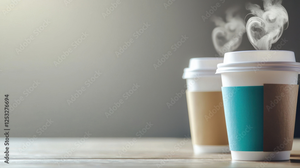 Warm coffee cups with heart shaped steam rising, perfect for sharing Warm coffee cups with heart shaped steam rising, perfect for sharing