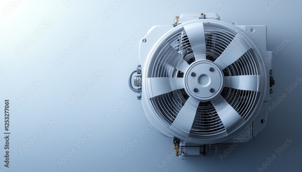 White industrial fan on plain background, ideal for engineering or cooling concepts White industrial fan on plain background, ideal for engineering or cooling concepts