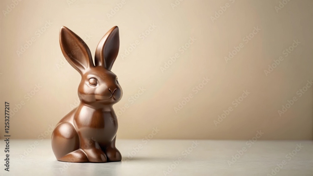 A Shiny Brown Chocolate Bunny Figurine Sits on a Table Against a Neutral Background A Shiny Brown Chocolate Bunny Figurine Sits on a Table Against a Neutral Background
