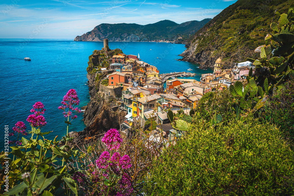 Vernazza village view from the flowery slope, Liguria, Italy