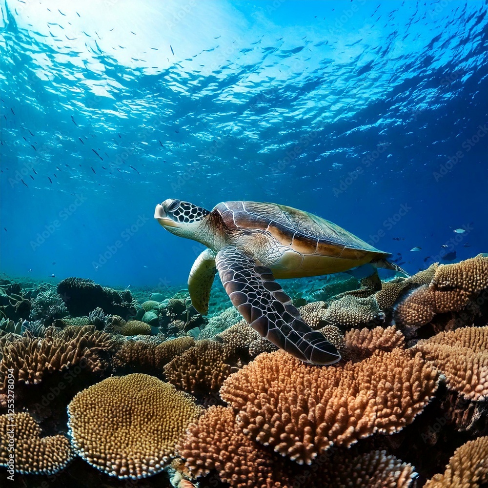 Obraz premium view of a sea turtle swimming among coral reefs