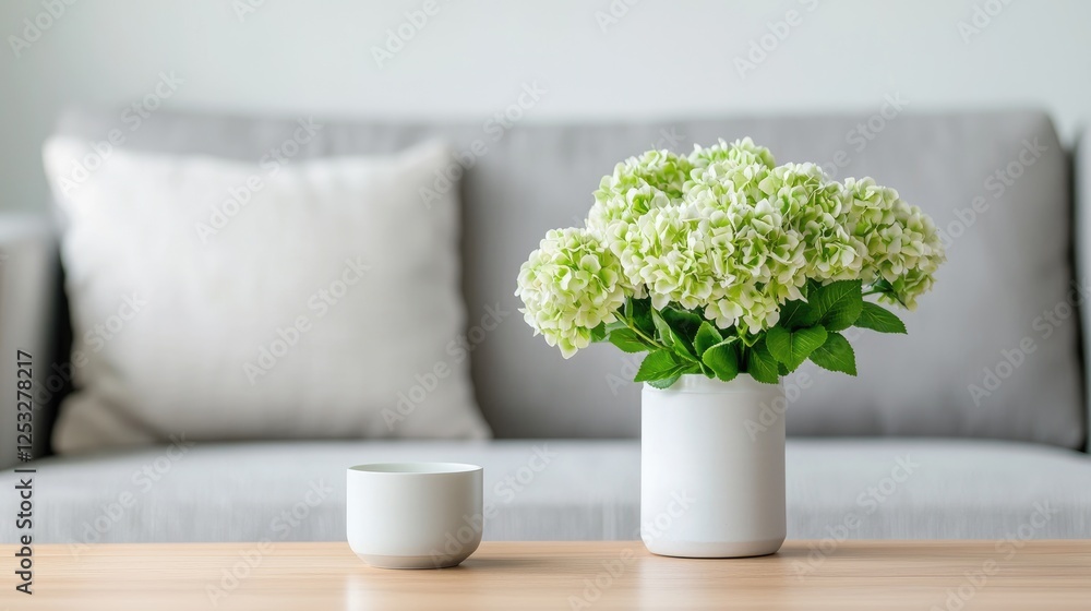 Hydrangea flowers in vase on coffee table, living room background, home decor