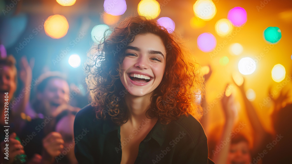curly haired woman smiles joyfully at open air concert, surrounded by lively crowd and colorful lights. atmosphere is vibrant and energetic, capturing essence of fun and celebration curly haired woman smiles joyfully at open air concert, surrounded by lively crowd and colorful lights. atmosphere is vibrant and energetic, capturing essence of fun and celebration