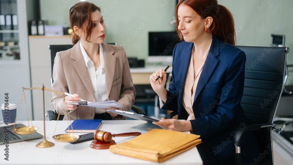 Obraz premium Professional female lawyers consulting on legal cases in a modern office. Perfect for law, business, justice