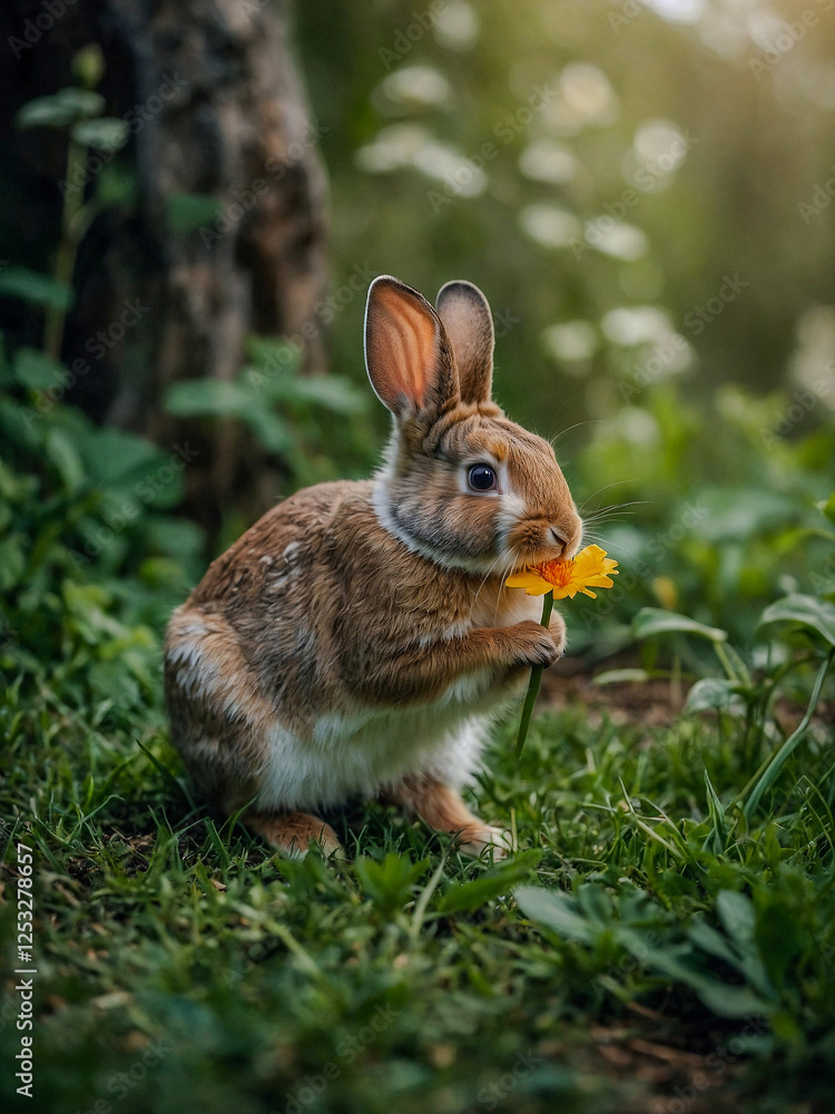 Playful bunny holding a flower in natural green setting, captured in cute outdoor animal photography. Playful bunny holding a flower in natural green setting, captured in cute outdoor animal photography.