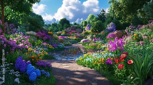 A beautifully landscaped garden with a variety of flowers, pathways, and a small pond reflecting the sky