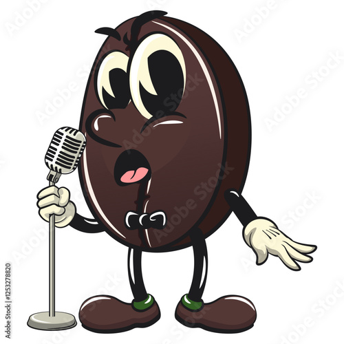 cute coffee beans vektor illustration mascot character on front of the mic become a stand up comedian, work of hand drawn