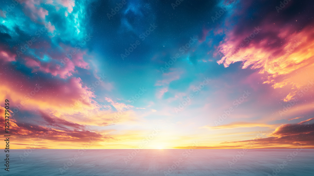 stunning sunset over calm ocean, with vibrant clouds and colorful sky. horizon glows with warm hues, creating serene and peaceful atmosphere stunning sunset over calm ocean, with vibrant clouds and colorful sky. horizon glows with warm hues, creating serene and peaceful atmosphere