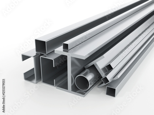 stack of books. A high-quality 3D rendered image showcasing a variety of steel metal profiles, including I-beams, U-channels, rectangular and square tubes, round pipes, flat bars. 3D Rendering.