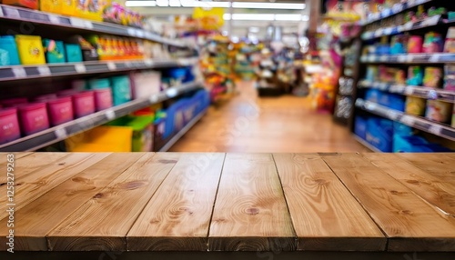 a bright natural wood table showcasing various pet care products positioned in front of a softly blurred background of a vibrant pet store filled with excited animals and colorful displays