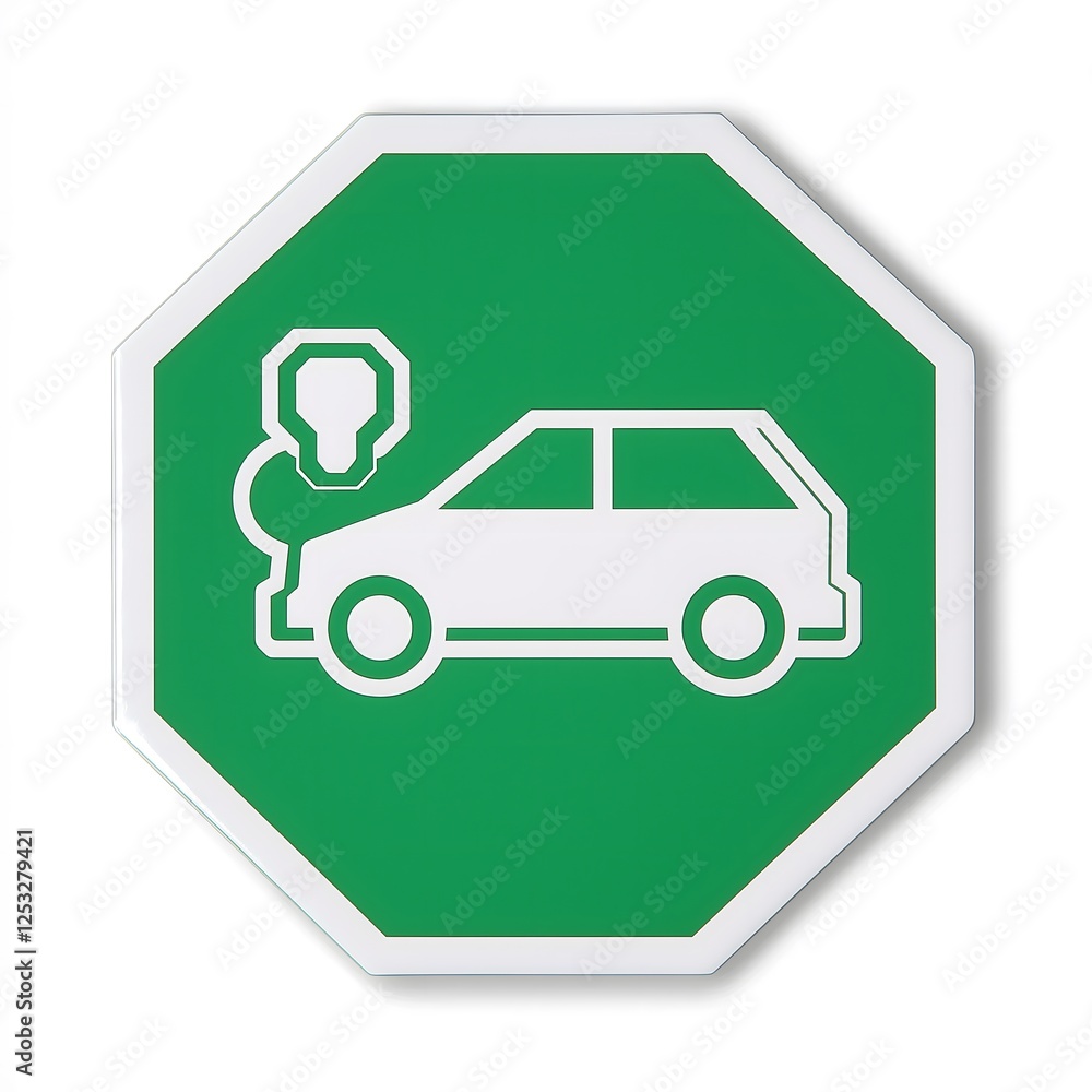 Obraz premium Electric Vehicle Charging Station Green Octagon Decal Automotive Transportation Environmental Sustainability Power Supply Technology Sign Eco-friendly Service