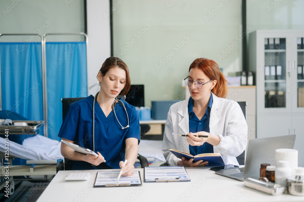 Doctors and nurses collaborating in a modern medical office, showcasing teamwork and patient care. Doctors and nurses collaborating in a modern medical office, showcasing teamwork and patient care.