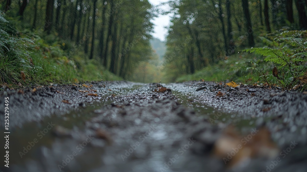 Rainy forest road, damp leaves, path through trees. Possible use Stock photo for nature, travel, outdoor Rainy forest road, damp leaves, path through trees. Possible use Stock photo for nature, travel, outdoor