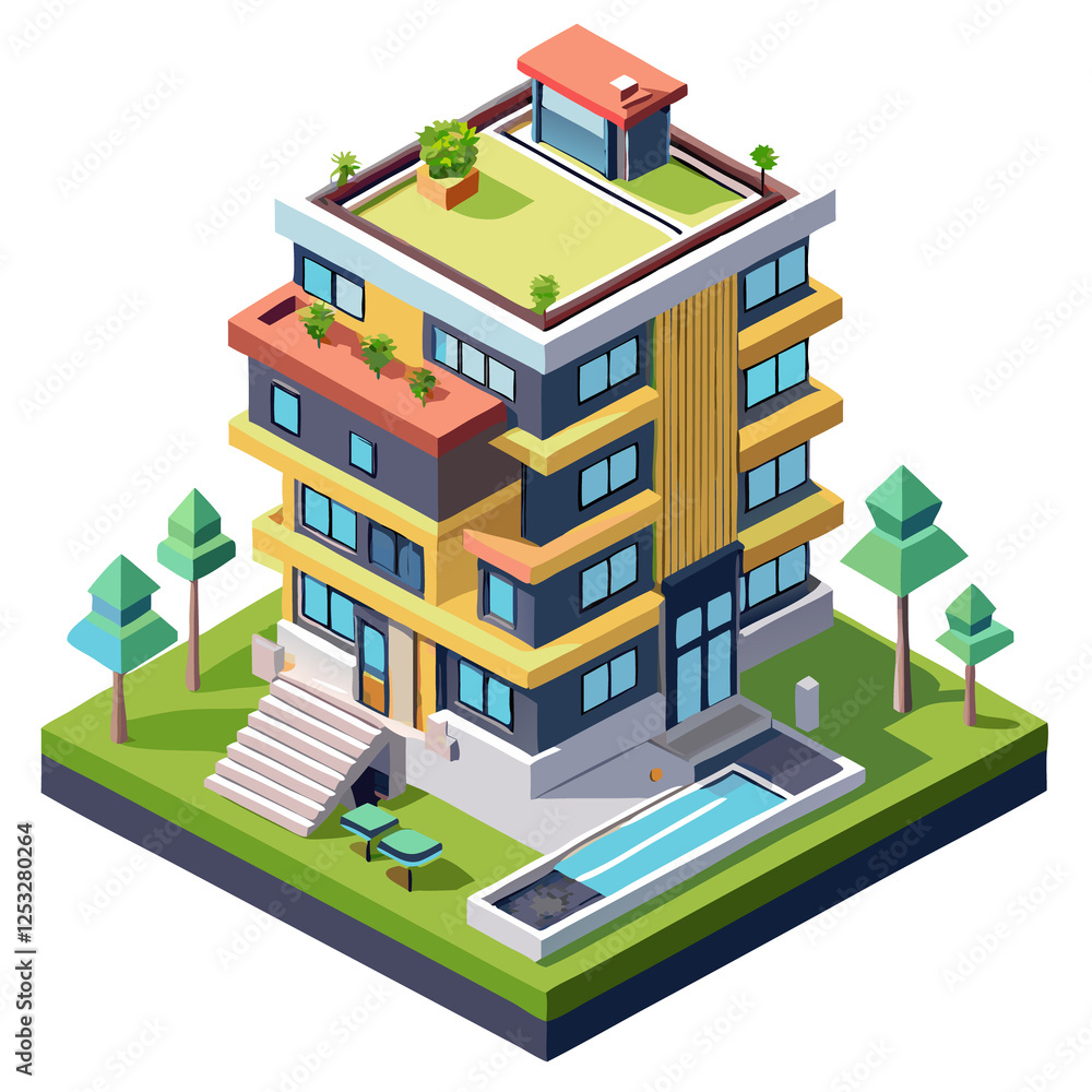 An isometric urban apartment building with multiple floors, balconies, and a rooftop garden An isometric urban apartment building with multiple floors, balconies, and a rooftop garden