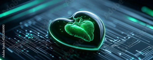 A glowing, green heart-shaped object sits on a digital circuit background, symbolizing the fusion of technology and health.