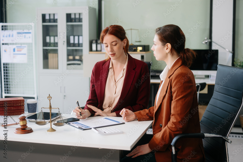 Obraz premium Professional female lawyers consulting on legal cases in a modern office. Perfect for law, business, justice