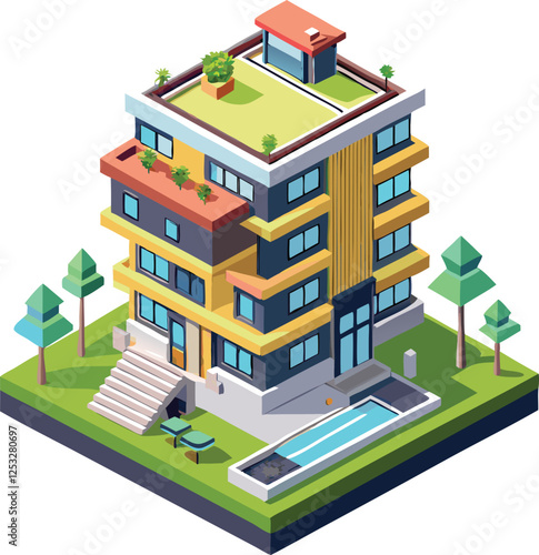 An isometric urban apartment building with multiple floors, balconies, and a rooftop garden