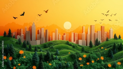 Harmonious Blend, Urban Skyline Meets Verdant Meadows under Golden Sunset Light