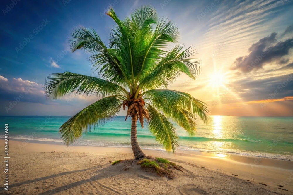 Obraz premium Serene Sunset A Single Palm Tree Silhouetted Against a Vibrant Ocean Horizon at Golden Hour