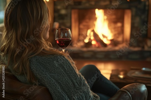 Enjoying a cozy evening with a glass of red wine by the fireplace in a warm cabin setting