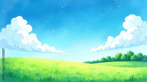 Serene Summer Meadow Landscape with Puffy Clouds and Lush Green Grass Under a Bright Blue Sky