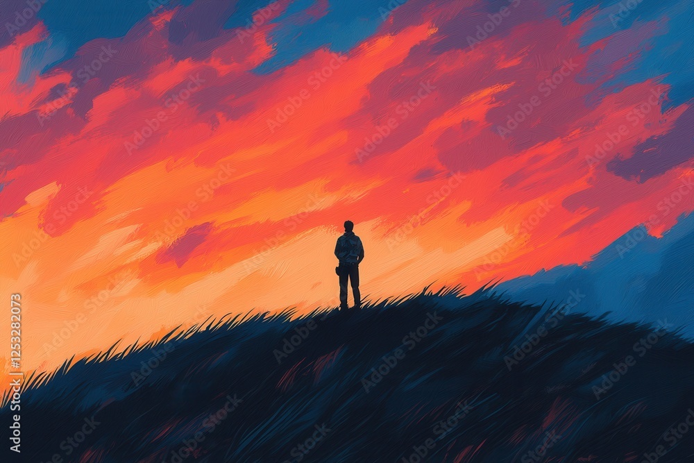 Fototapeta premium Person Standing on Hilltop Against Vibrant Sunset Sky Colors