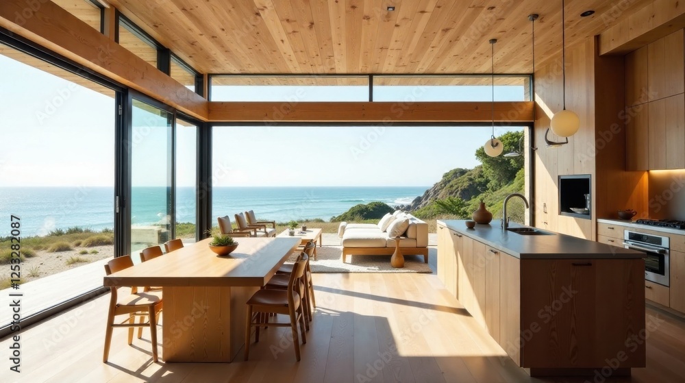 Fototapeta premium Coastal Home Design Open Floor Plan with Ocean Views, Wood Accents, and Modern Kitchen