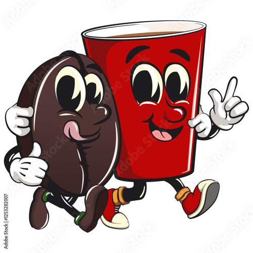 cute coffee beans vektor illustration mascot character walk with a red cup character while giving thumbs up, work of hand drawn