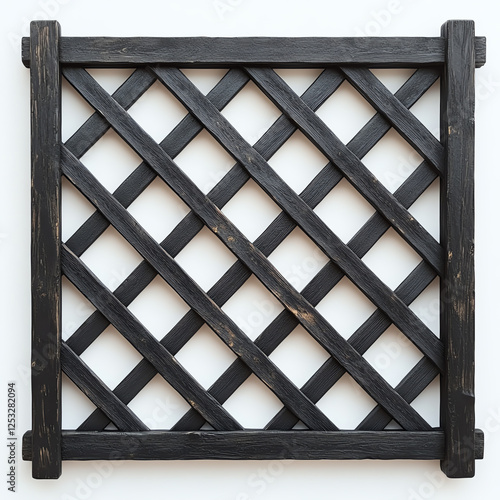 A decorative black wooden lattice panel design, perfect for enhancing outdoor spaces or gardens. Ideal for trellises, fencing, or as an artistic backdrop in landscaping. photo