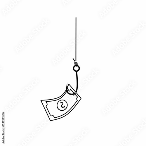 Fishing hook with a dollar bill bait, vector minimalist black line art on white background