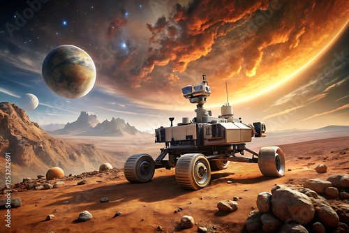 Martian Rover Exploring an Alien Landscape Against a Cosmic Backdrop With Planets and a Dramatically Lit Sky