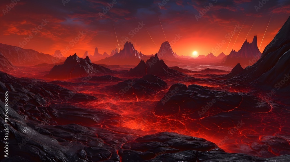 Obraz premium Alien planet with strange rock formations, glowing rivers of lava, and an eerie sky filled with unfamiliar celestial bodies, otherworldly and awe-inspiring