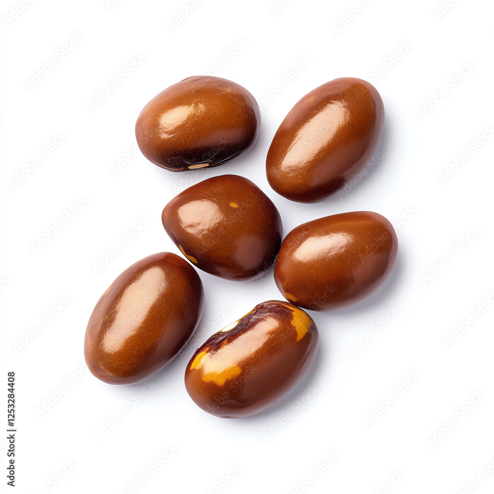 A collection of shiny brown beans arranged delicately on a white surface, highlighting their smooth texture and natural color. Perfect for culinary and nutritional themes. A collection of shiny brown beans arranged delicately on a white surface, highlighting their smooth texture and natural color. Perfect for culinary and nutritional themes.