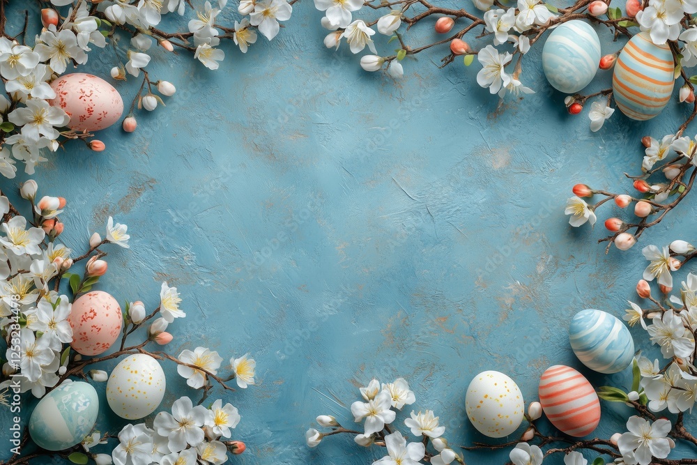 Obraz premium Colorful Easter eggs and spring flowers arranged on a blue background for festive decoration