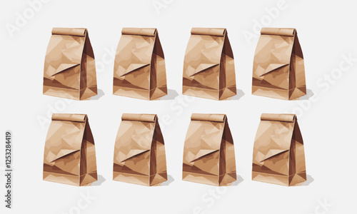 Vector illustration of six various brown paper lunch bags folded on top, Closed brown paper lunch bag on white background, easily editable.